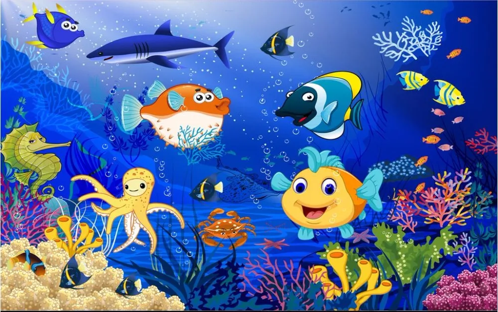Заказ росписи 3d фото обои мультфильм подводный мир Рыбы Коралловые украшения живопись 3d настенные фрески обои для стен 3 D