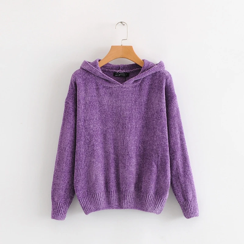 

New Fashionable Women Hooded Sweater Purple Female Pullovers Loose Knitting Woolen Tops Feminine Streetwear Chemise Femme