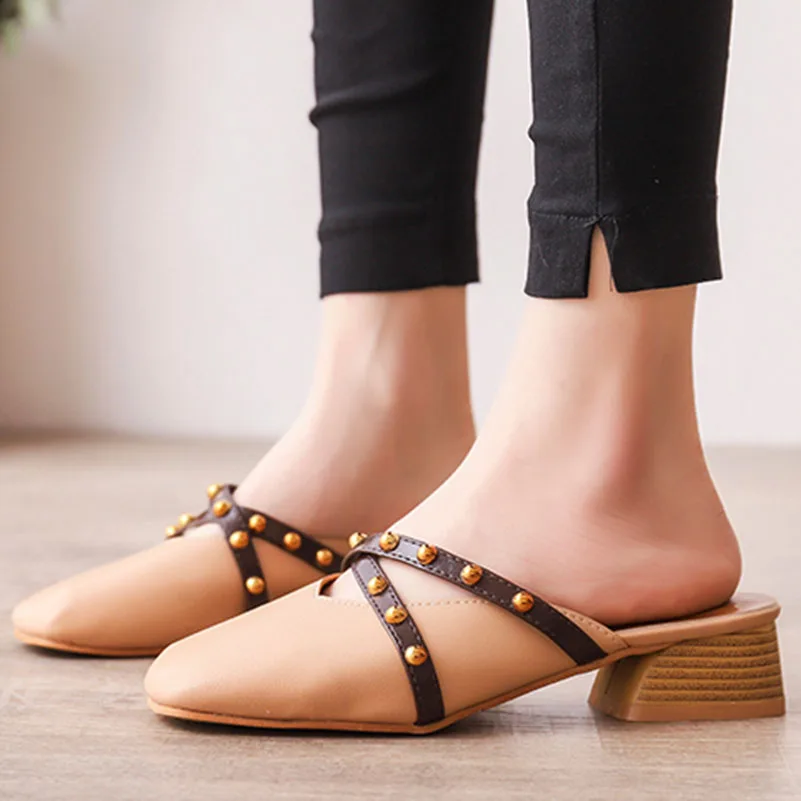 

Moxxy New Luxury Rivet Leather Mules Platform Heel Ladies Slippers Women Mules Outdoor Slipper Shoes Woman Slides Summer Sandals