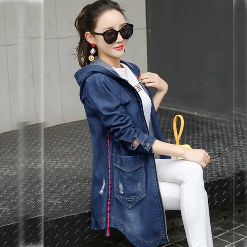 

Spring Women Denim Jacket 2019 Fashion Solid Color Large size Outerwear Medium Long Hooded Zipper Slim Women Cowboy Coat HC048
