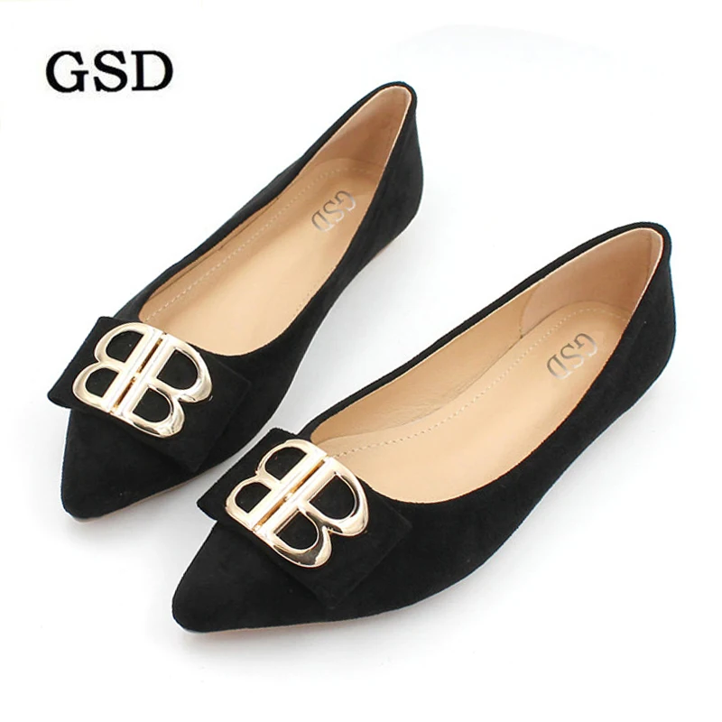 

New Fashion Women Flats Shoes Breathable Soft Sole Shoes Woman Solid Suede Metal Decoration Pointed Toe Plus Size Women Flats