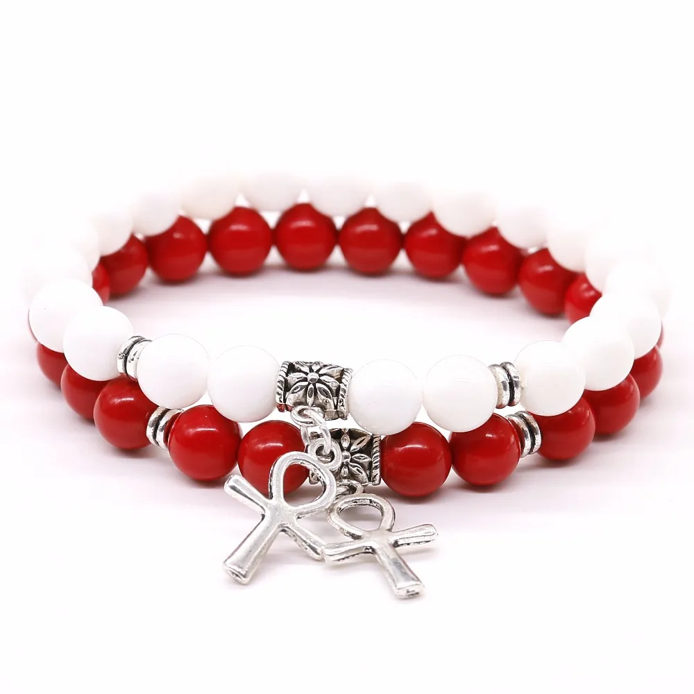 Red cinnabar Stone Beads Bracelet , Natural Stone White Tridacna Egyptian Ankh Cross Pendent Jewelry For Women and Men Bracelet - Image 6