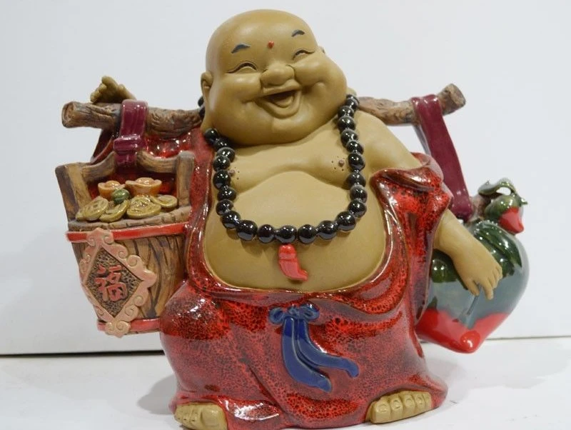 

Folk Colorful Pottery Porcelain Statue Peach Wealth Happy Laugh Maitreya Buddha
