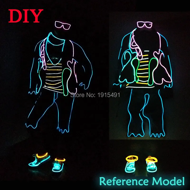 

Mysterious Euramerican Style Unisex EL Cold Light Cosplay Explorer Suits Neon Led Bulbs Novelty Luminous Costume with Inverter