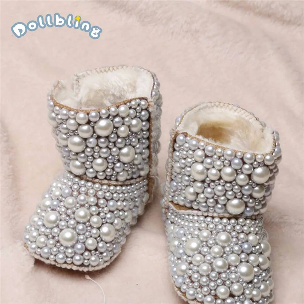 

Newborn Baby Custom Plus Velvet Warm Boots Infant Cotton Luxury Shining Pearl Decoration Boots Shoes For Autumn Winter