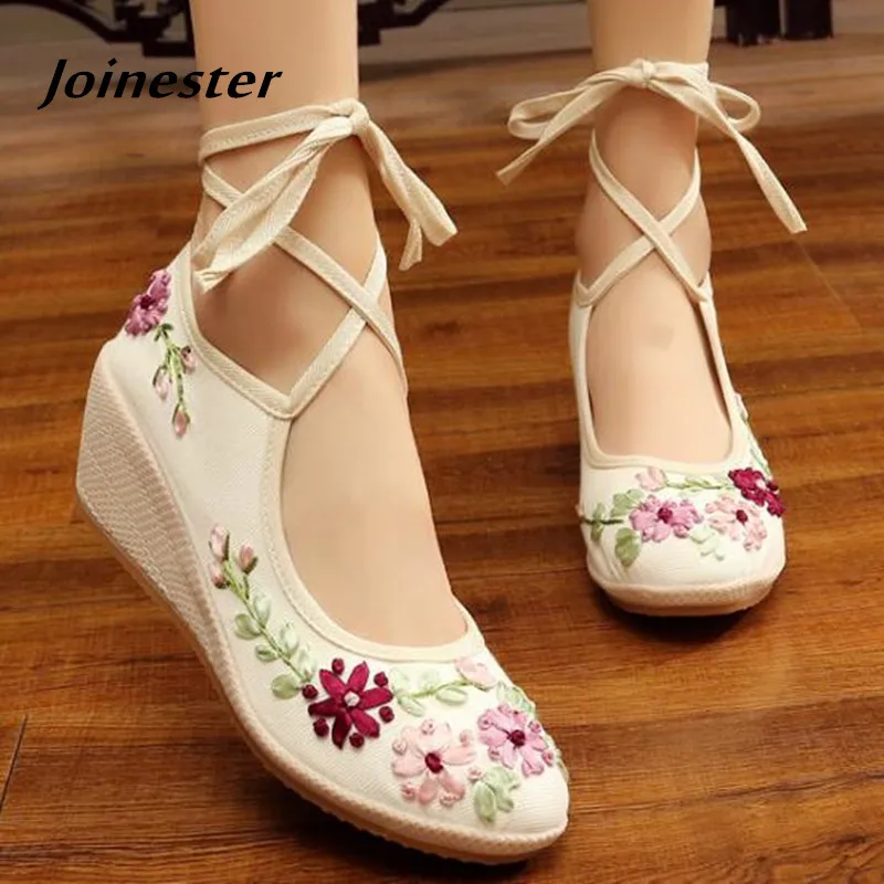 

Women Summer Cross-Tied Retro Casual Lace-up Sandals Pumps Vintage Ethnic Flower Applique Ladies Ankle Strap Rome Wedges Shoe