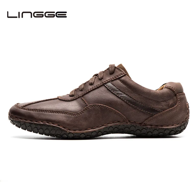 

LINGGE New Men's Shoes Spring Brown Leather Casual Shoes For Men Handmade Top Quality Black Oxfords Big Size 45 #530-8