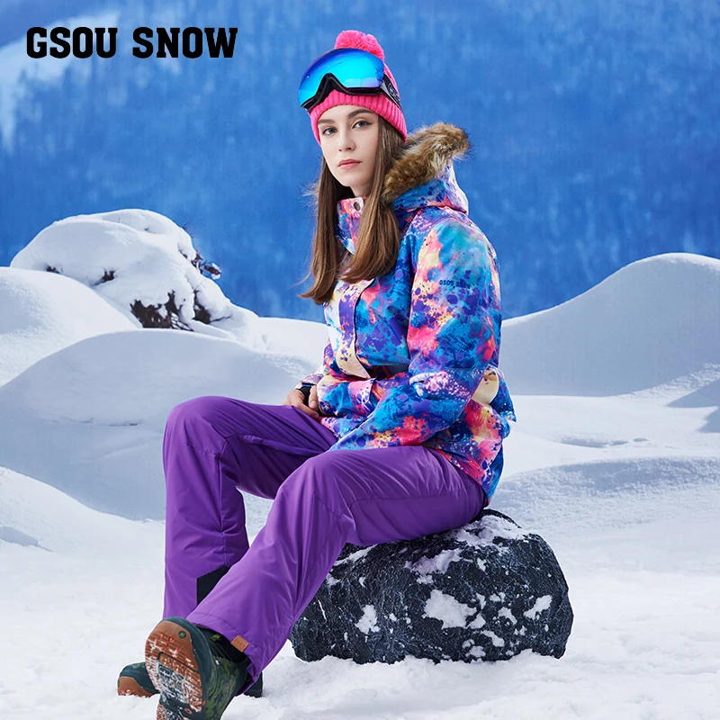 2017 new winter ski suits, women's hair collar, windproof, warm, ski