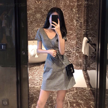

Dress Women 2020 Summer New Thin V-neck High Waist Short Sleeve Womens Plaid Retro All-match Soft Breathable Clothing Girl Chic