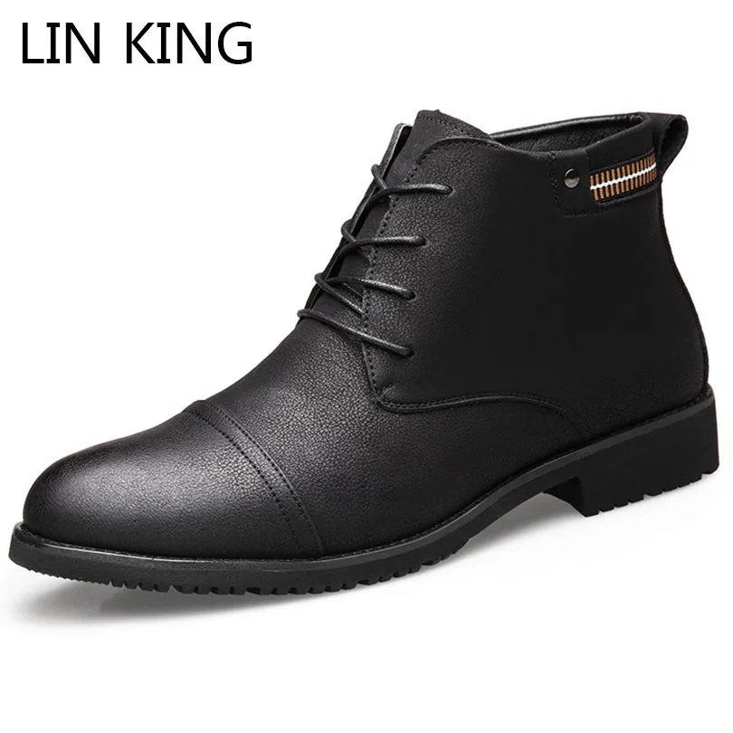 

LIN KING Punk Men Suede Leather Ankle Boots Waterproof High Top Winter Botas Lace Up Boots Warm Round Toe Cotton Shoes