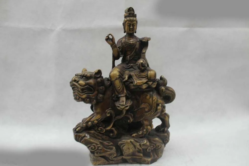

15"Chinese Folk Pure Bronze Lucky Sit Lion Samantabhadra Bodhisattva Statue