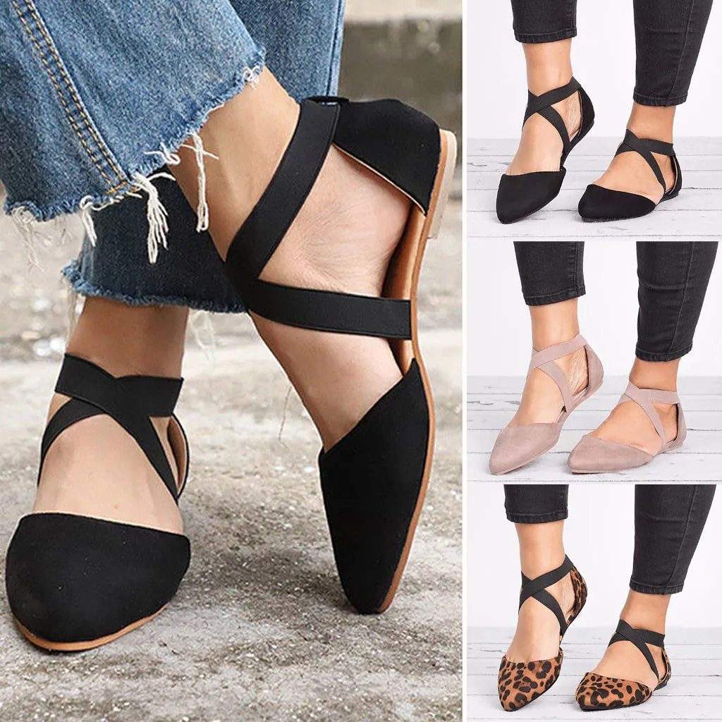 

Women Sandals Pointed Toe Flat Spike Heels Buckle Elastic Band Sandals Leopard Casual Sandals Women Shoes Fashion Single Shoes