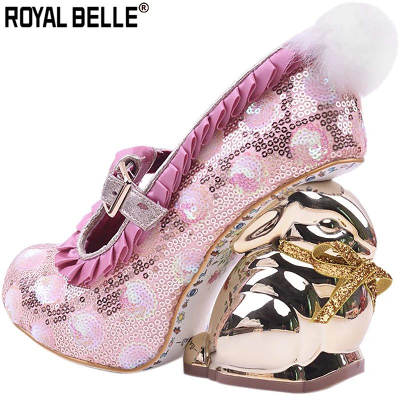 

Royal Belle Bling Sequins Wedding Shoes Stdudds Belt Prom Pink Glitter Rabbit Heels Pumps Novelty Strange Heel Bling Dress Shoes
