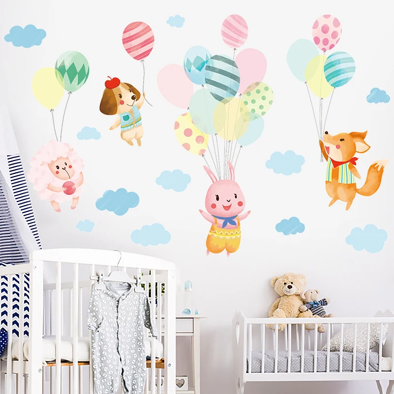 لطيف الحيوان اللون بالون سحابة الكرتون الجدار ملصق الأغنام أرنب الكلب الأطفال غرفة خزانة ملابس جدارية بغرفة النوم الديكور ملصق يدوي الصنع