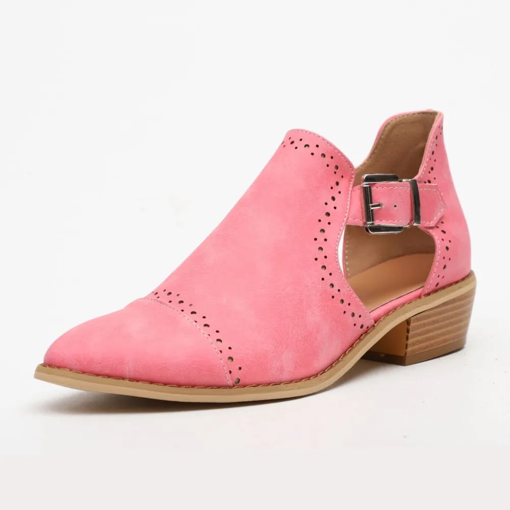 

EOEODOIT 2019 Summer Autumn Leather Pumps Shoes Women Ankle Boots Side Hollow Pointy Toe Buckle Shoes Med Chunky Heel Plus Size