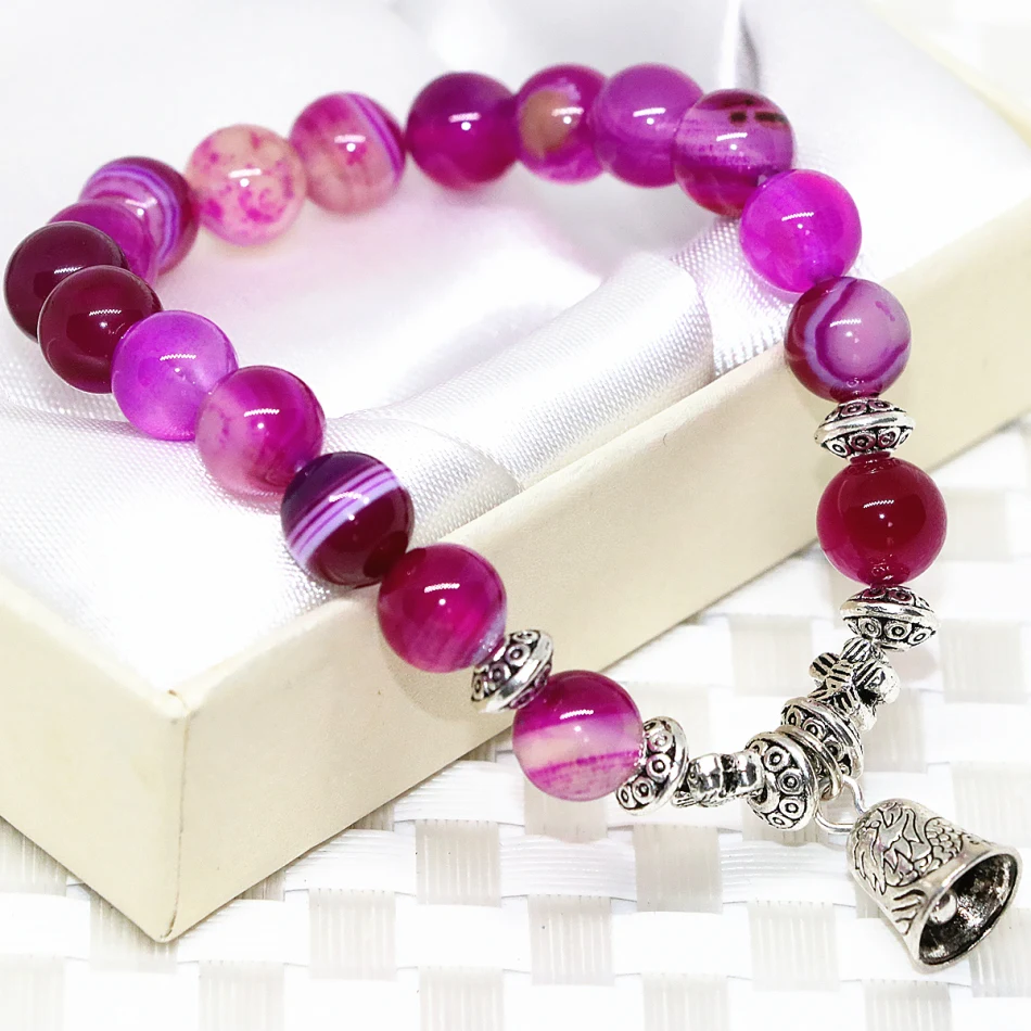 Bracelet pierres naturelles en perles de quartz rose de 8 mm avec clochette
