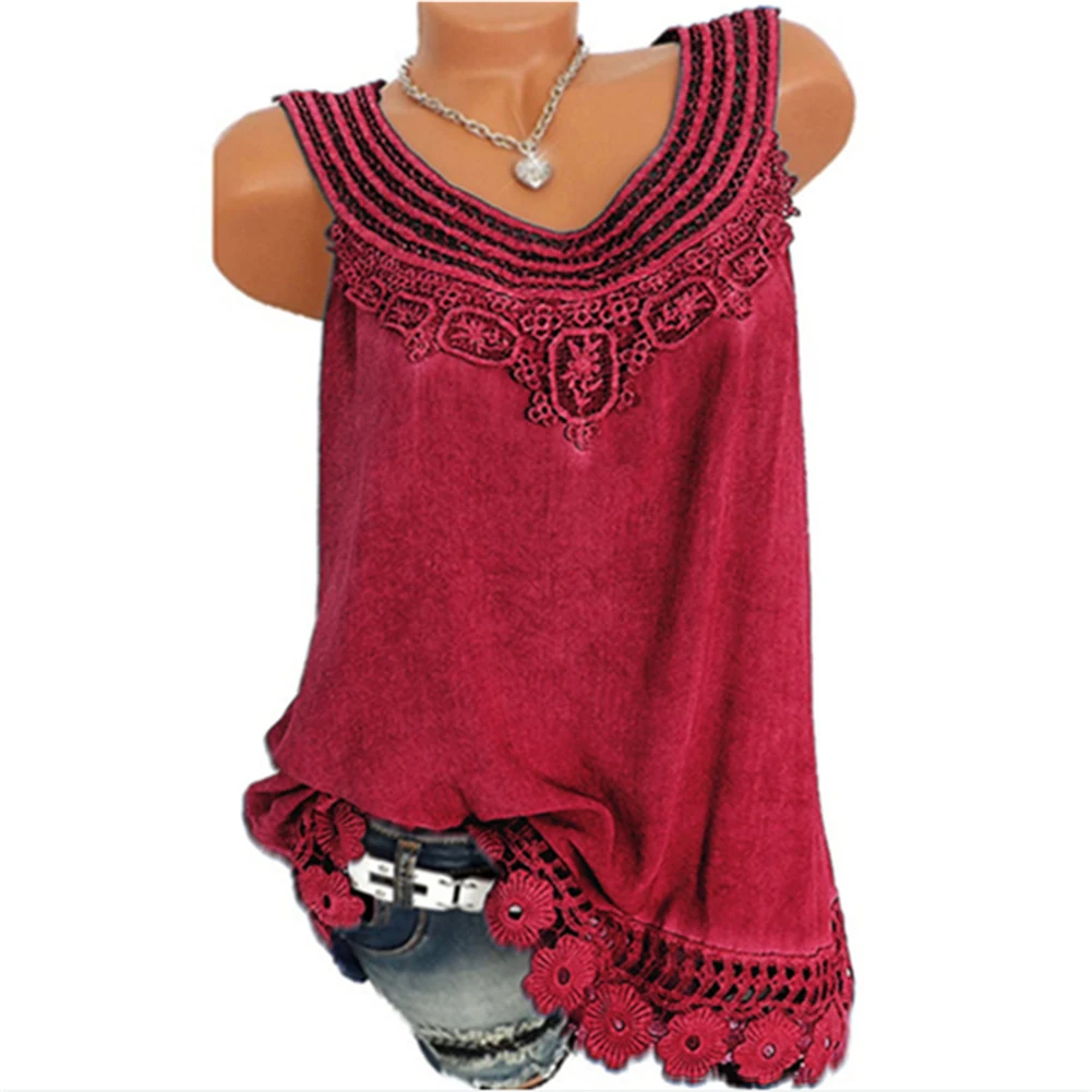 Summer Women Lace Flower Loose Sleeveless Tank Top Elegant Casual Plus Size S-5XL O-Neck T-shirt Female Solid Camisole Tops - Color: wine red