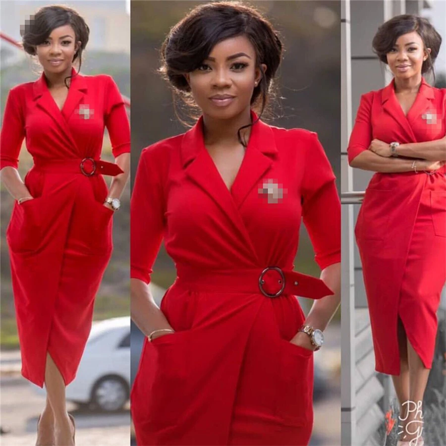 BAIBAZIN Africa Europe and America High Quality Suit Collar Three-dimensional Pocket Commuter Large Size Dress With Belt (1)