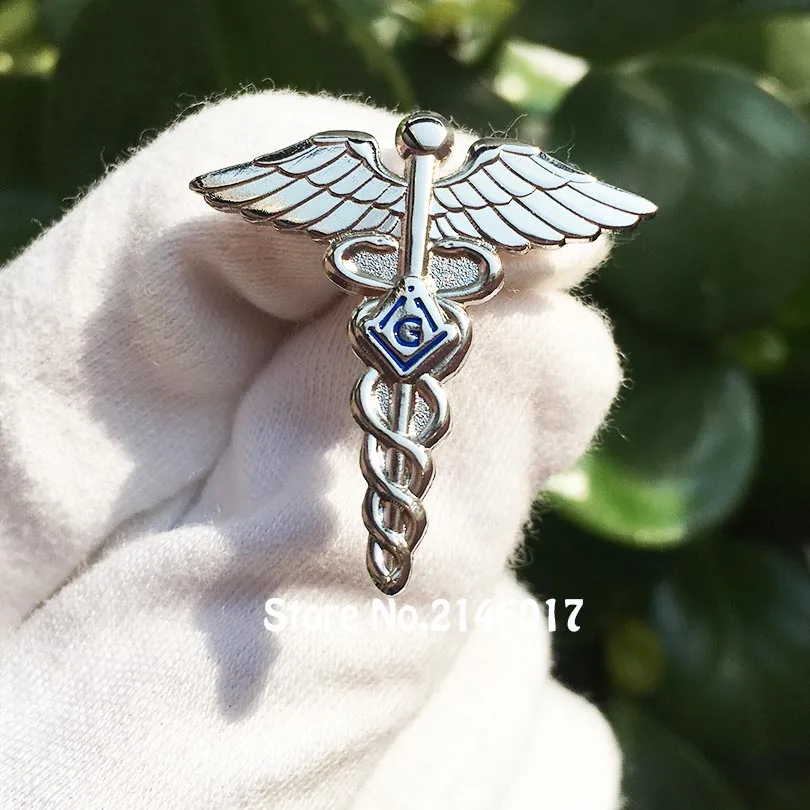 

50pcs Silver Color Mason Badge Custom Masonic Lapel Pin Freemason Lodge Medical Doctor Pins and Brooch Masonry Wing Snake Symbol