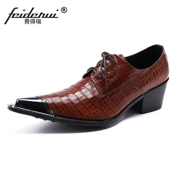 

Plus Size Brown New Vintage Pointed Toe Lace up Man Party Oxfords Genuine Leather High Heels Runway Party Men's Derby Shoes SL79