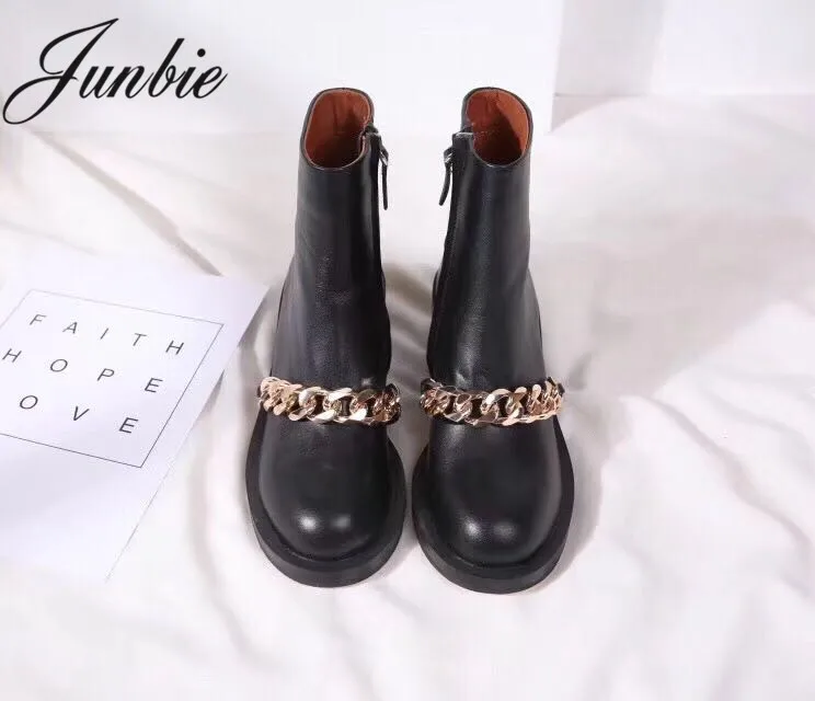 

JUNBIE New Genuine Leather Sliver Metal Chain Women Ankle Boots Round Toe Low Heel Autumn Winter Boots Brand Shoes Women