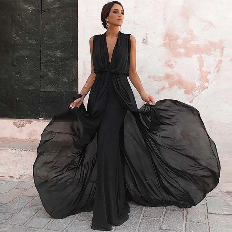 

Sexy Chiffon Sleeveless Boho Beach Maxi Woman Dress Vintage Evening Party Night Black Dress to the Floor Vestido Plus Size