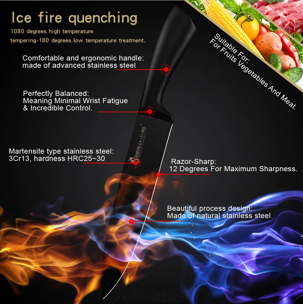 Sowoll, Экономичный набор кухонных ножей, дизайн, набор кухонных ножей из нержавеющей стали с подставкой для ножей, точилка, аксессуар