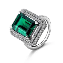 Mujeres de la manera Grande de la Gema Anillo 6ct 10*14mm Verde Nano Ruso Esmeralda Esterlina del Sólido 925 de Plata con Brillantes Cristal de LA CZ de La Vendimia