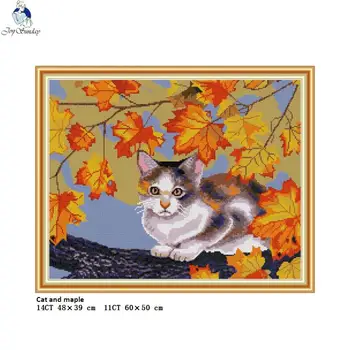 

Cat and Maple Leaf Patterns 11CT Printed Fabric 14CT Counted Canvas DMC Chinese Cross Stitch Kit Home Decor Embroidery Crafts