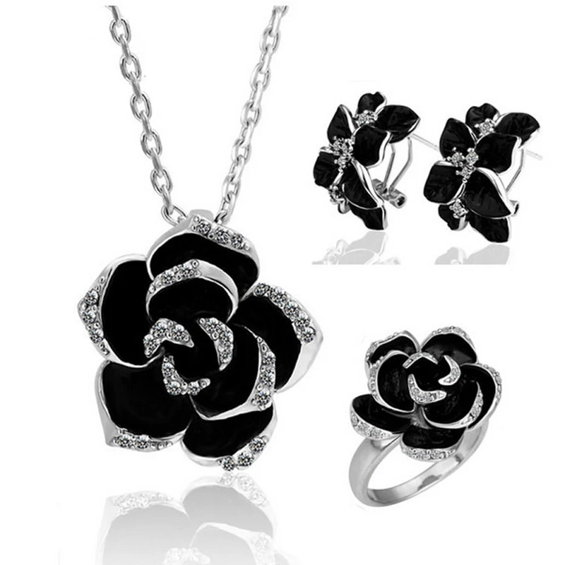 Fashion Women Jewelry Sets Camellia Design Pendant Gold-color Black Painting Rose Flower Necklace Earrings Ring