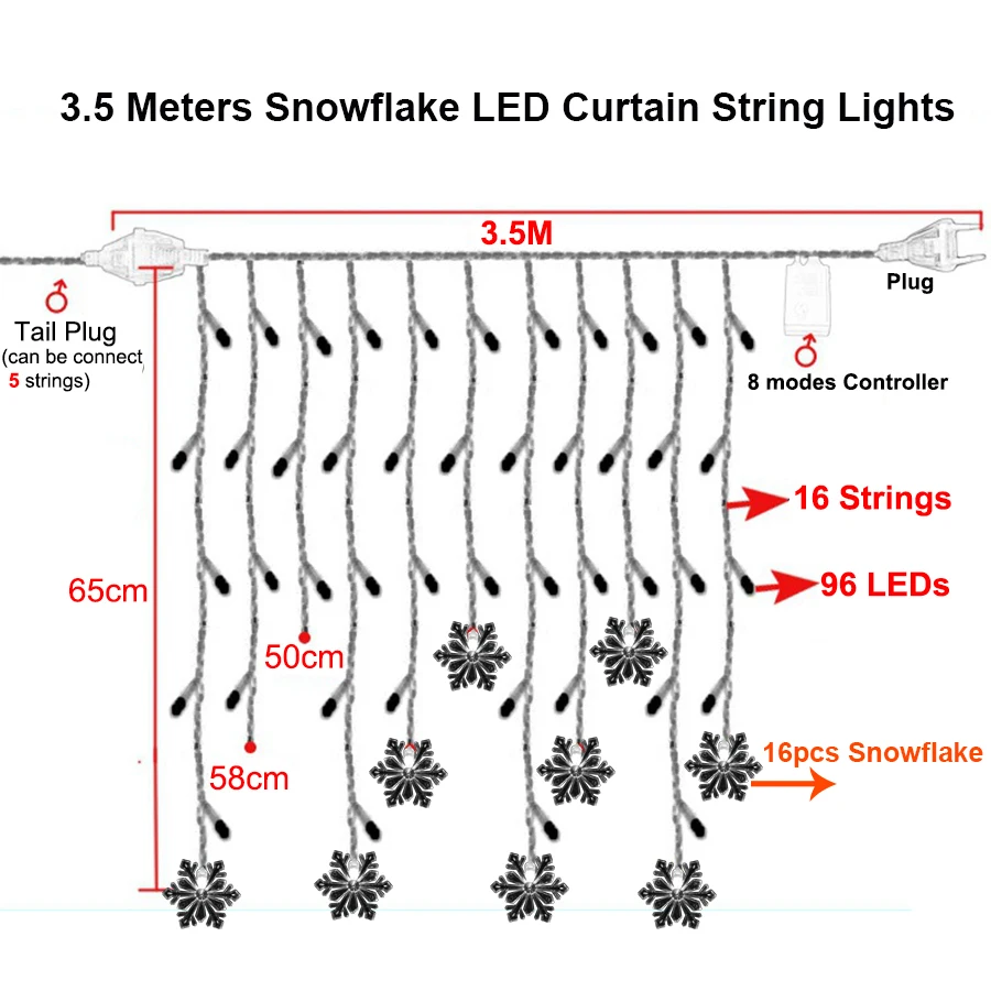 Праздничное освещение 3,5 м 96 Светодиодный Сказочный занавес в виде снежинок светодиодный гирлянды наружные водонепроницаемые рождественские огни для украшения дома