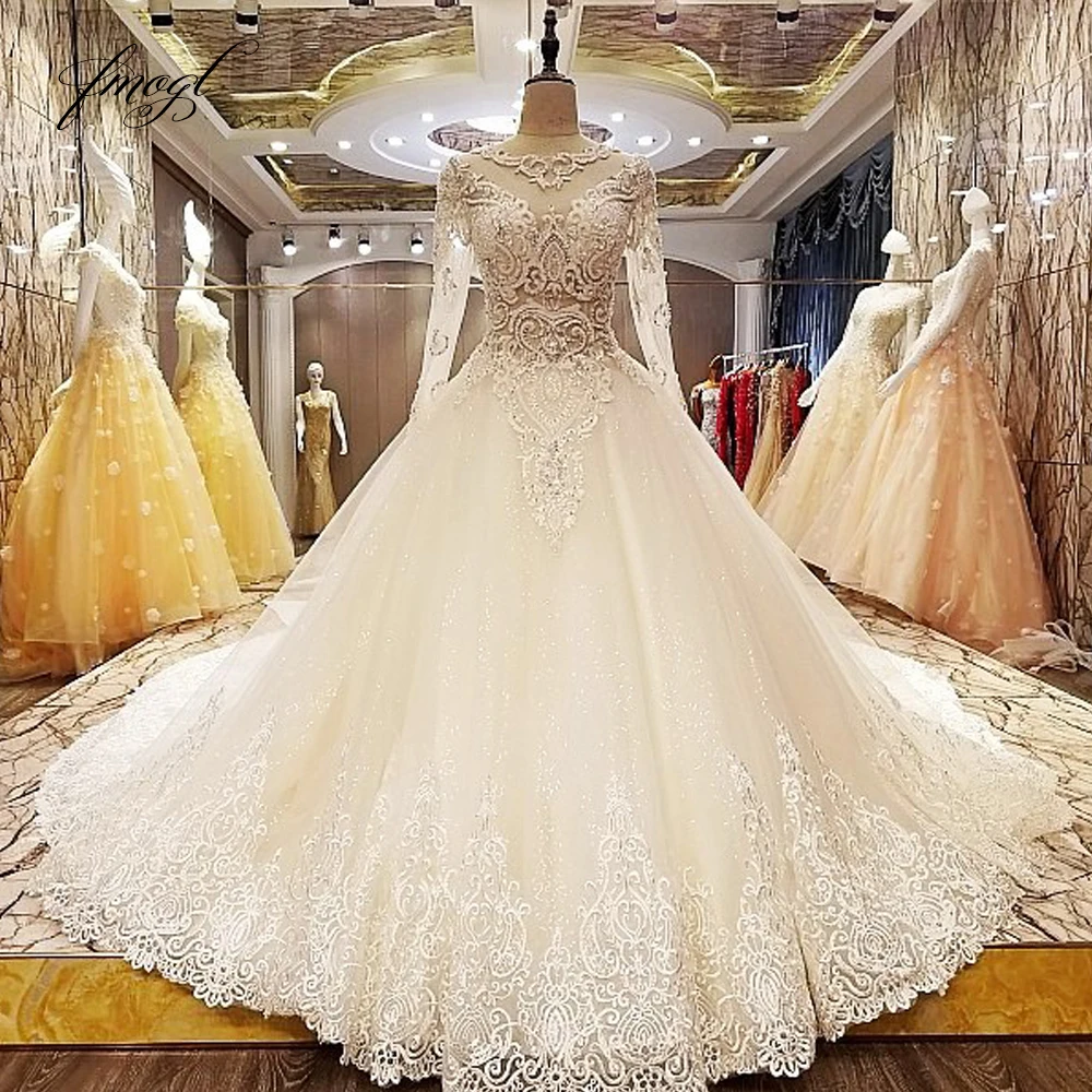 Fmogl Vestido De Noiva кружевное свадебное платье с длинными рукавами сексуальное платье с вышивкой Королевского поезда а линия винтажное свадебное платье