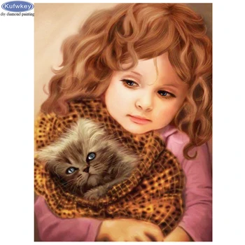 

Full Round 5D Diamond Painting Portrait Girl & Kitten Diamond Embroidery Cross Stitch Rhinestone Pictures Mosaic Needlework