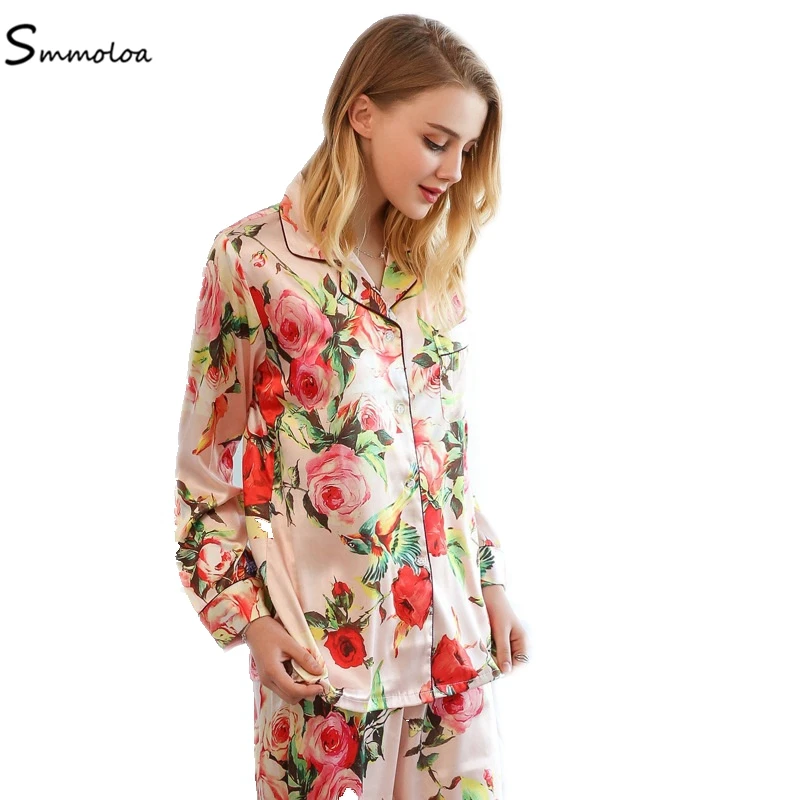 Smmoloa/оптовая продажа; женская шелковая пижама с длинными рукавами и принтом; пижама из 2 предметов; женская пижама