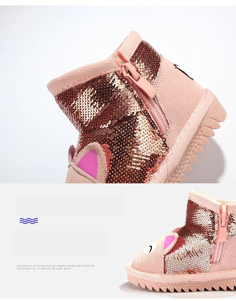 Новая зимняя детская обувь кожаные зимние сапоги блестки голова кота из мультфильма для мужчин и женщин детские противоскользящие теплые хлопковые ботинки для детей