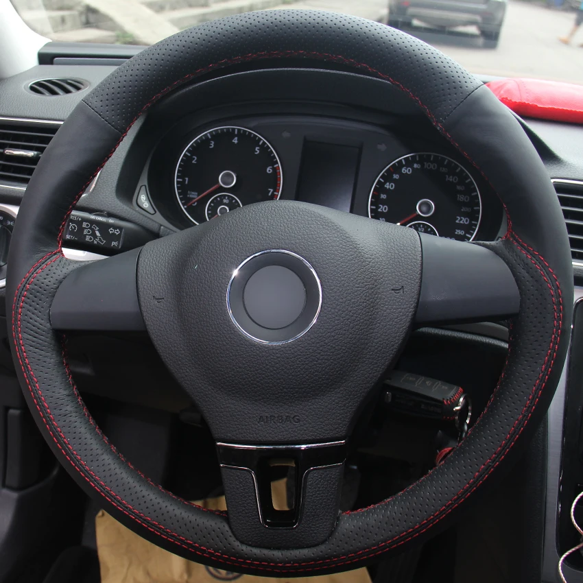 Black Natural Leather Car Steering Wheel Cover for Volkswagen VW Tiguan
