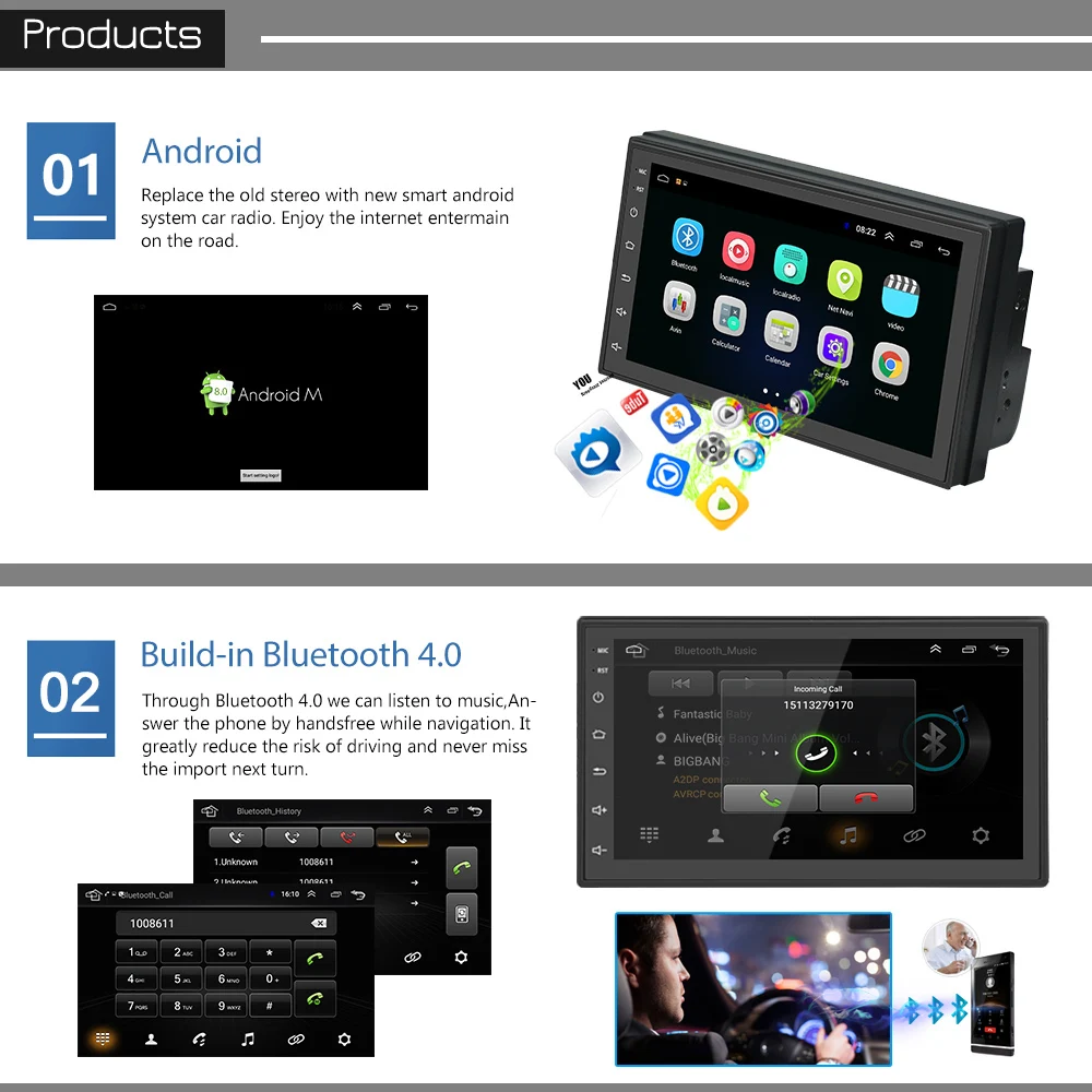 Podofo Android Auto Radio Multimedia-player 2 Din 7 ''Touchscreen Autoradio Bluetooth FM WIFI AUX 2