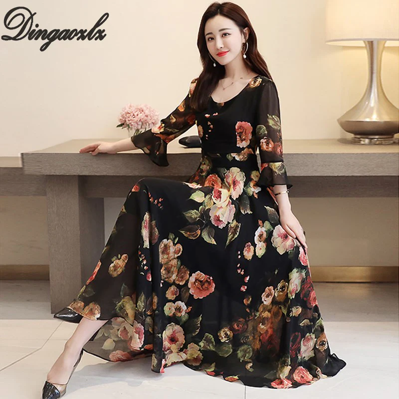

Dingaozlz M-5XL 2019 Autumn Summer dress New Arrival Bohemian Flower Printed Chiffon dress Plus Size Woman Long Dress Vestidos
