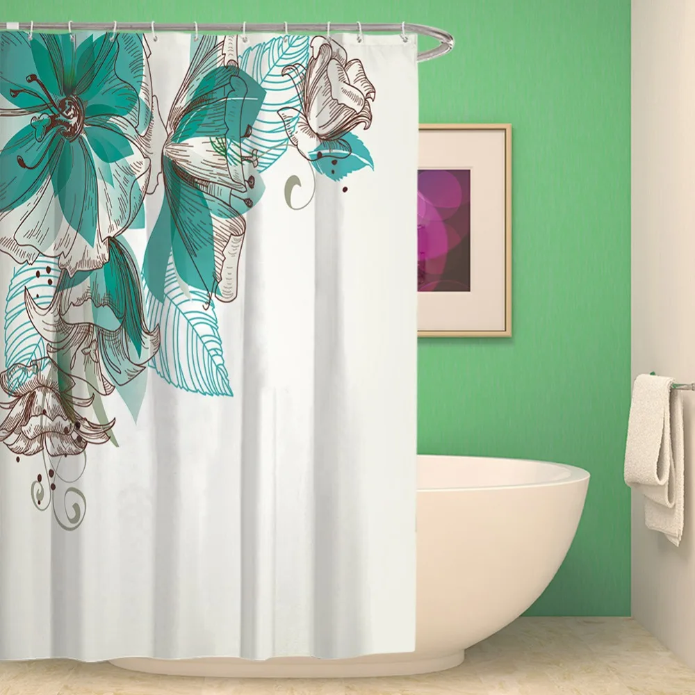 Flower Painting Printed Mildew Proof Polyester Shower Curtains Washable Waterproof Shower Curtains for Bathroom Home Decor