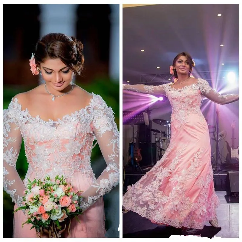 

2019 Indian pink Mermaid Lace Appliques Wedding Dresses Modest Scoop Lace Appliques Pearls Chain Plus Size Bridal Gowns