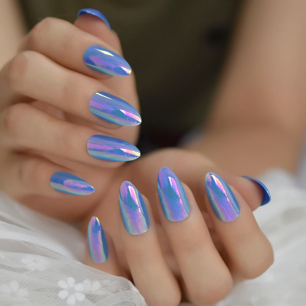

Almond Medium Chameleon Fake Nails Blue Chrome Symphony Neon Finger Nails Pre-Designed Artificial Nails