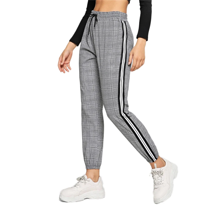 SweatyRocks контрастная тесьма сбоку шнурок талии брюки для девочек для женщин уличная мотобрюки Мода 2019 г. весна повседневное зауженные Сери