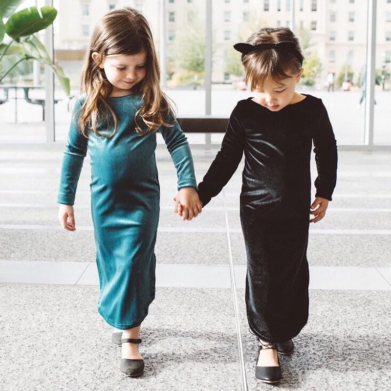 Ins/Лидер продаж для маленьких девочек велюровая кофточка длинное платье макси для детей модное платье для девочек