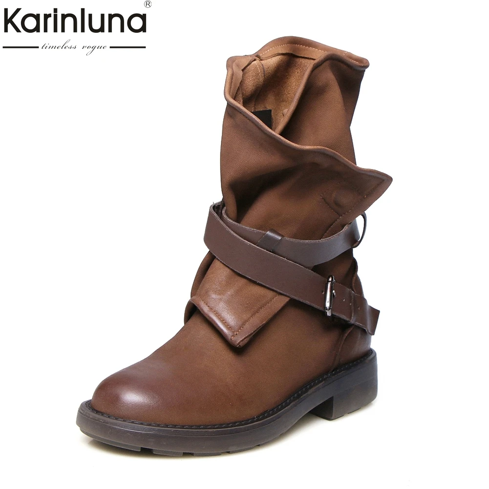 

KarinLuna 2018 brand design genuine leather woman mid-calf boots fashion vintage sheepskin Martin boots women's shoes