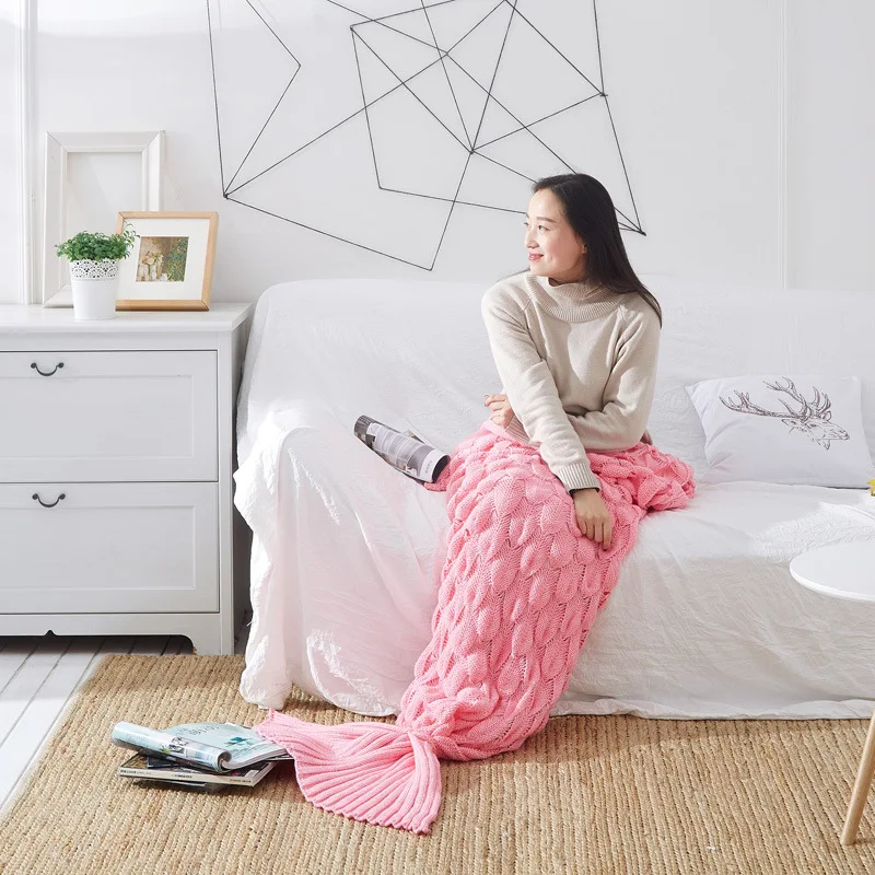 CAMMITEVER, 2 размера, одеяло «хвост русалки», трикотажное, ручной работы, «русалочка», покрывало для детской кровати, очень мягкая спальная кровать - Цвет: Розовый