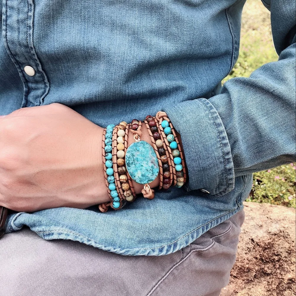 Women Wrap Bracelets Natural Stone Weave Boho Multilayers Leather Bracelets