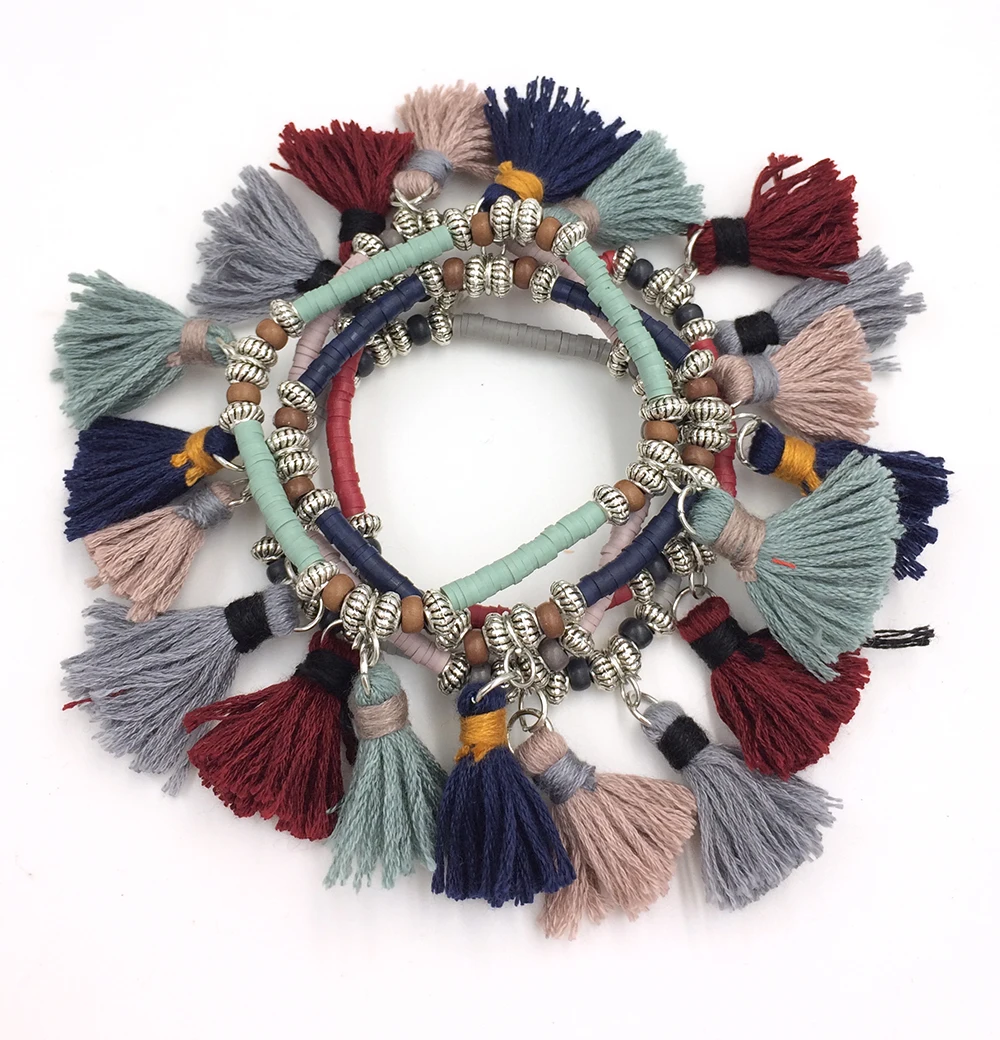 2017 New European Boho Jewelry Suppliers handcrafted bracelet Muticolor Polymer clay beaded bracelet tassel charm bracelet