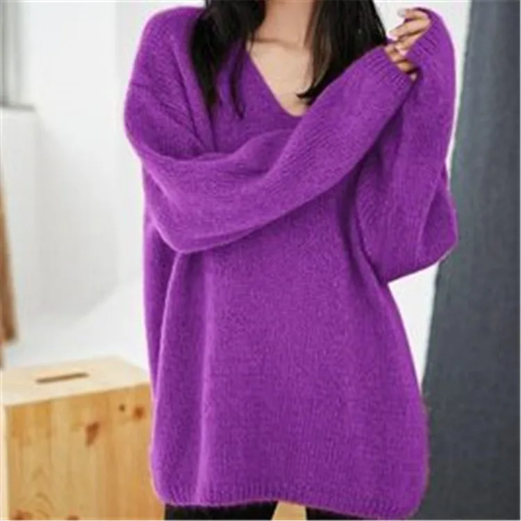  100%hand made wool Vneck knit women streetwear solid loose pullover sweater one&over size