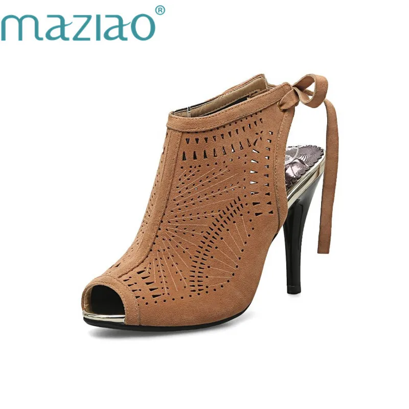 

MAZIAO Big Size 32-43 Summer Open Toe Ankle Boots Sexy Cut-outs Shoes Woman High Heels Sandals Woman Fashion Suede Ladies Shoes