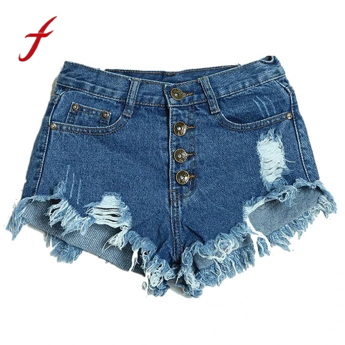 

Summer Brand New Sexy 50's Vintage ripped hole fringe blue denim s Women's Lady Fashion Slim Fit Bore Hole Denim Shorts